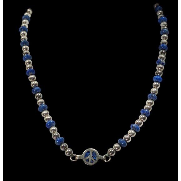 Vintage Hippie Peace Sign Lapis And Silver Tone Beaded Necklace - Picture 2 of 6